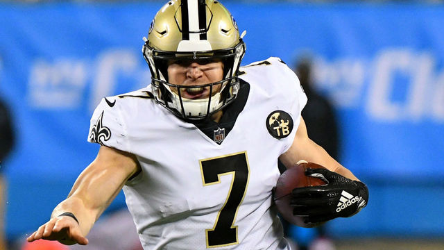 CHARLOTTE, NC - DECEMBER 17: Carolina Panthers outside linebacker Thomas Davis (58) chases down New Orleans Saints quarterback Taysom Hill (7) on the play in the Monday night football game between the New Orleans Saints and the Carolina Panthers on December 16,2018 at Bank of America Stadium in Charlotte,NC.