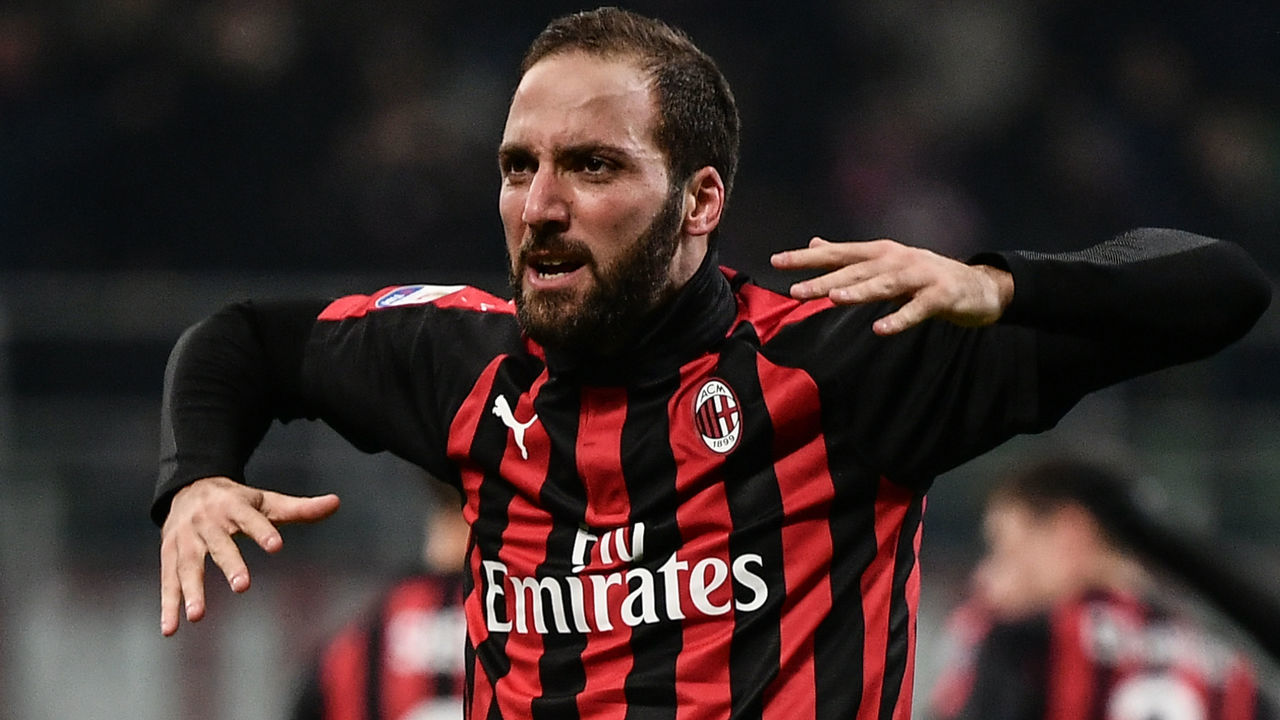 AC Milan's Argentine forward Gonzalo Higuain celebrates after scoring 2-1 during the Italian Serie A football match AC Milan vs Spal on December 29, 2018 at San Siro stadium in Milan.