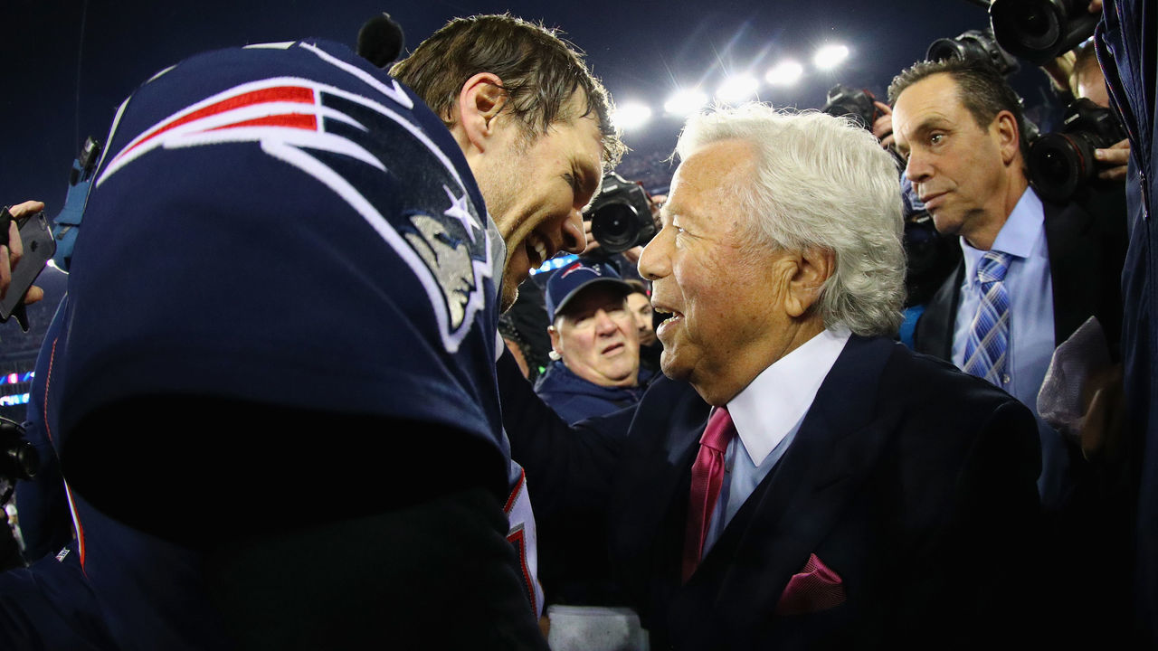 FOXBOROUGH, MA - JANUARY 21: Tom Brady #12 of the New England Patriots celebrates with owner Robert Kraft after winning the AFC Championship Game against the Jacksonville Jaguars at Gillette Stadium on January 21, 2018 in Foxborough, Massachusetts.