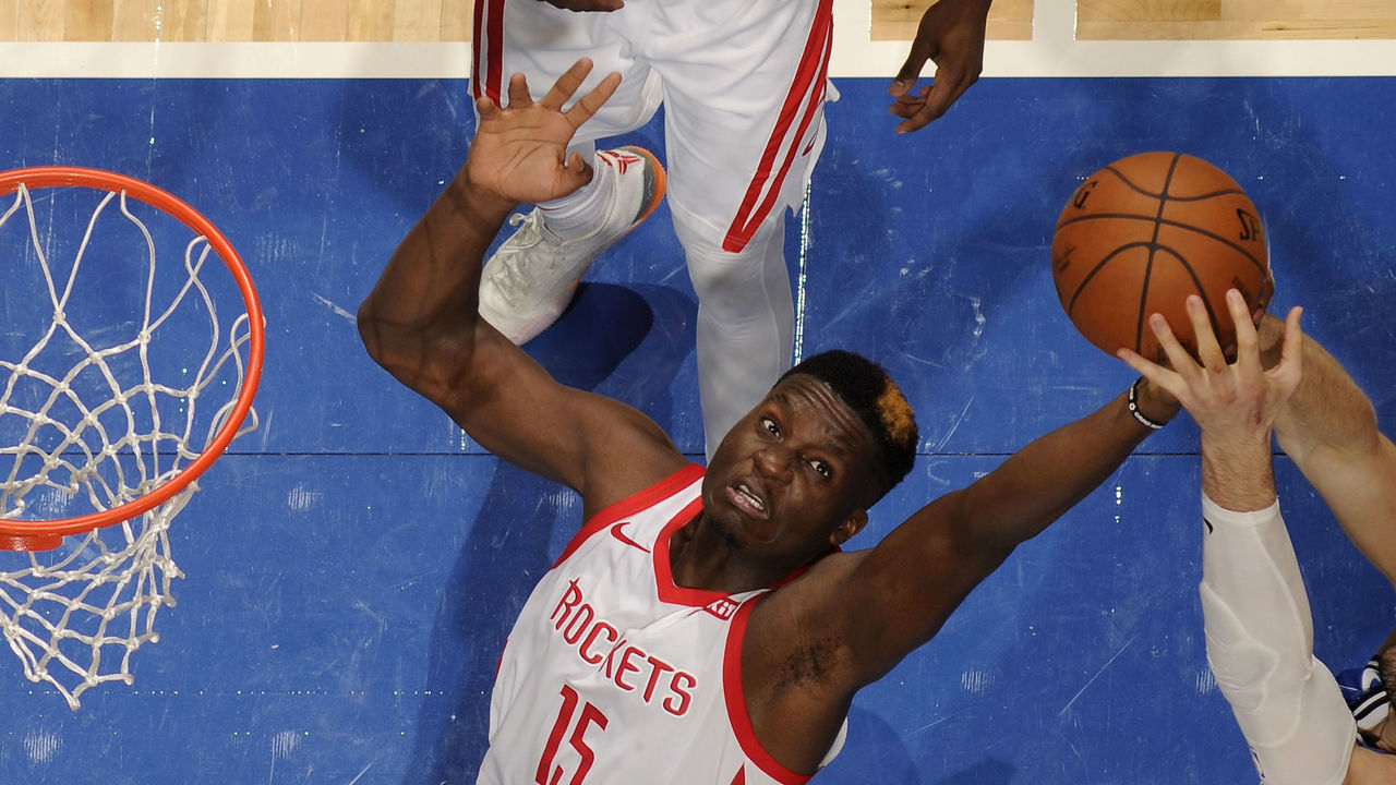 ORLANDO, FL - JANUARY 13: Clint Capela #15 of the Houston Rockets rebounds the ball against the Orlando Magic on January 13, 2019 at Amway Center in Orlando, Florida. Mandatory Copyright Notice: Copyright 2019 NBAE