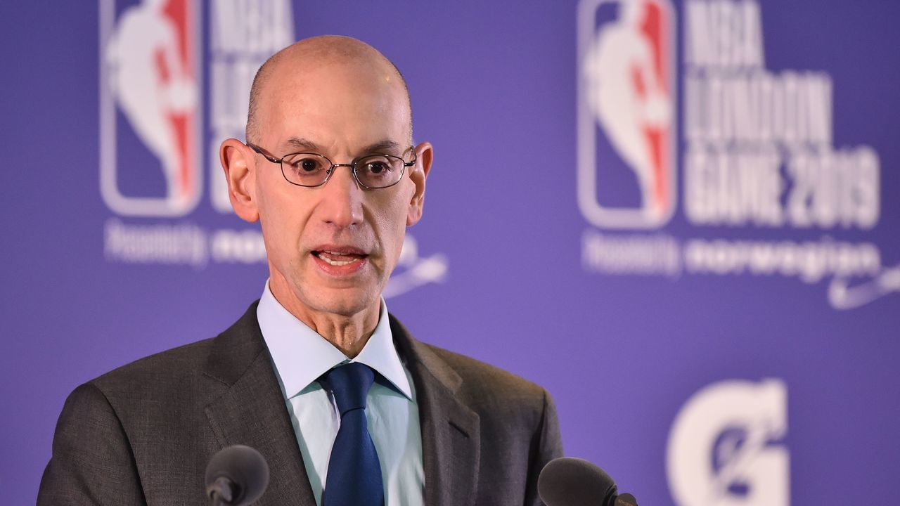 NBA commissioner Adam Silver speaks ahead of the NBA London Game 2019 basketball game between Washington Wizards and New York Knicks at the O2 Arena in London on January 17, 2019.