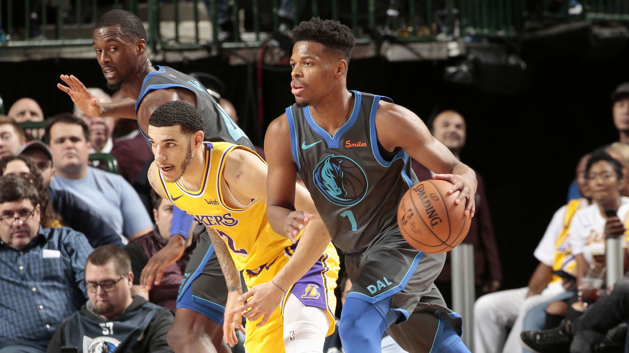 DALLAS, TX - JANUARY 7: Dennis Smith Jr. #1 of the Dallas Mavericks handles the ball during the game against the Los Angeles Lakers on January 7, 2019 at the American Airlines Center in Dallas, Texas. Mandatory Copyright Notice: Copyright 2019 NBAE
