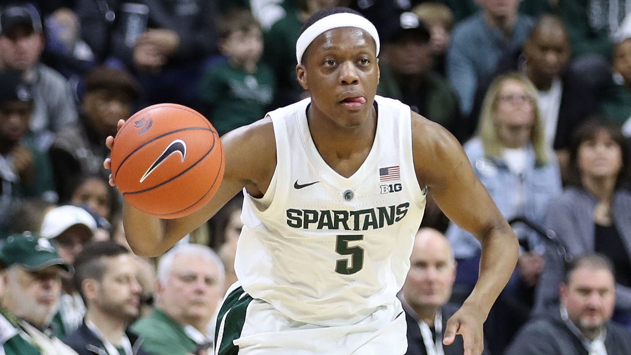 EAST LANSING, MI - DECEMBER 29: Cassius Winston #5 of the Michigan State Spartans brings the ball up the court during the first half of the game against the Northern Illinois Huskies at the Breslin Center on December 29, 2018 in East Lansing, Michigan. Michigan State defeated Northern Illinois 88-60.