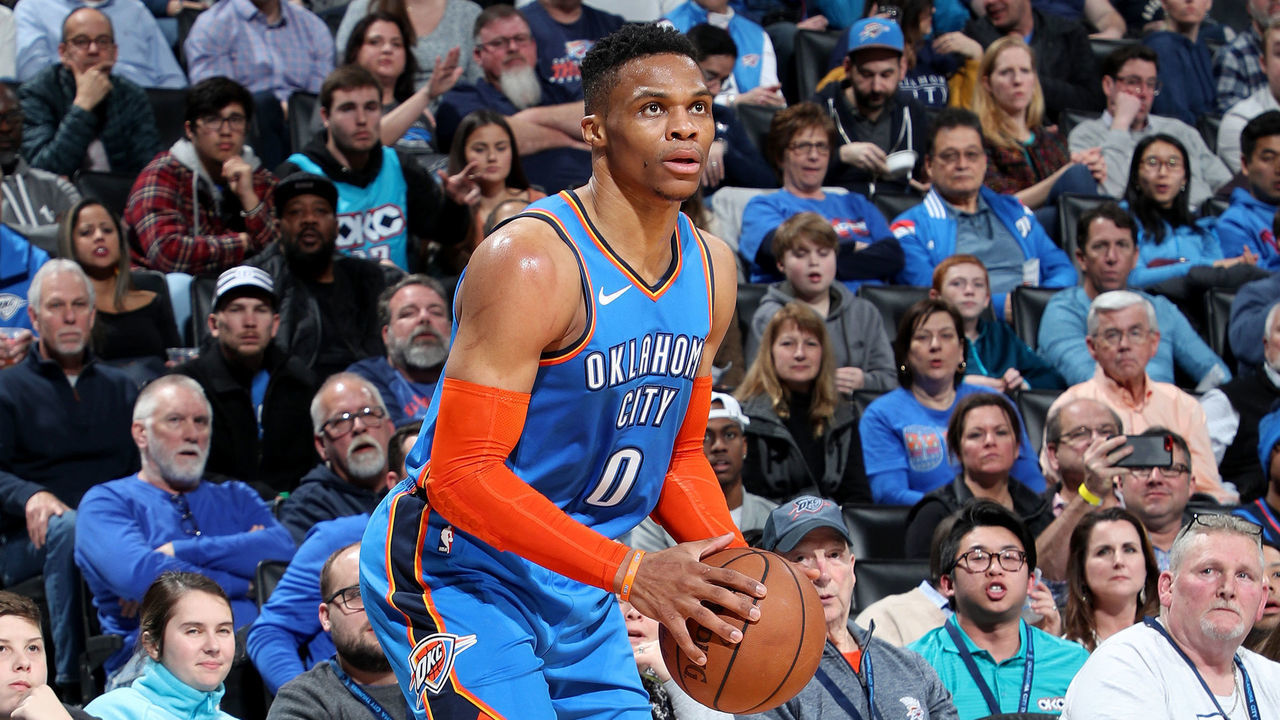 OKLAHOMA CITY, OK- JANUARY 17: Oklahoma City Thunder guard Russell Westbrook #0 shoots a three point basket during the game against the Los Angeles Lakers on January 17, 2019 at Chesapeake Energy Arena in Oklahoma City, Oklahoma. Mandatory Copyright Notice: Copyright 2019 NBAE