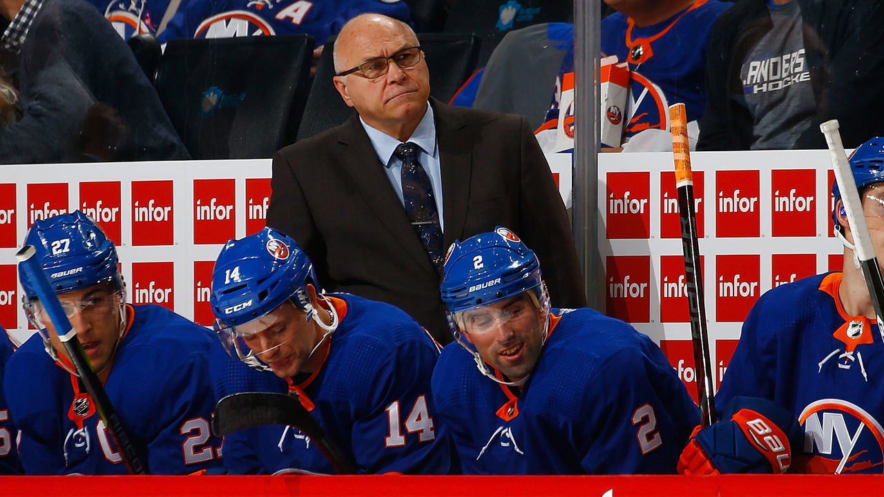 NEW YORK, NY - OCTOBER 08: Barry Trotz Head Coach of the New York Islanders looks on from the bench against the San Jose Sharks at Barclays Center on October 8, 2018 the Brooklyn borough of New York City. New York Islanders defeated the San Jose Sharks 4-0.