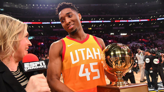 LOS ANGELES, CA - FEBRUARY 17: Donovan Mitchell #45 of the Utah Jazz talks to the media after winning the dunk contest during the Verizon Slam Dunk Contest during State Farm All-Star Saturday Night as part of the 2018 NBA All-Star Weekend on February 17, 2018 at STAPLES Center in Los Angeles, California. NOTE TO USER: User expressly acknowledges and agrees that, by downloading and/or using this photograph, user is consenting to the terms and conditions of the Getty Images License Agreement. Mandatory Copyright Notice: Copyright 2018 NBAE