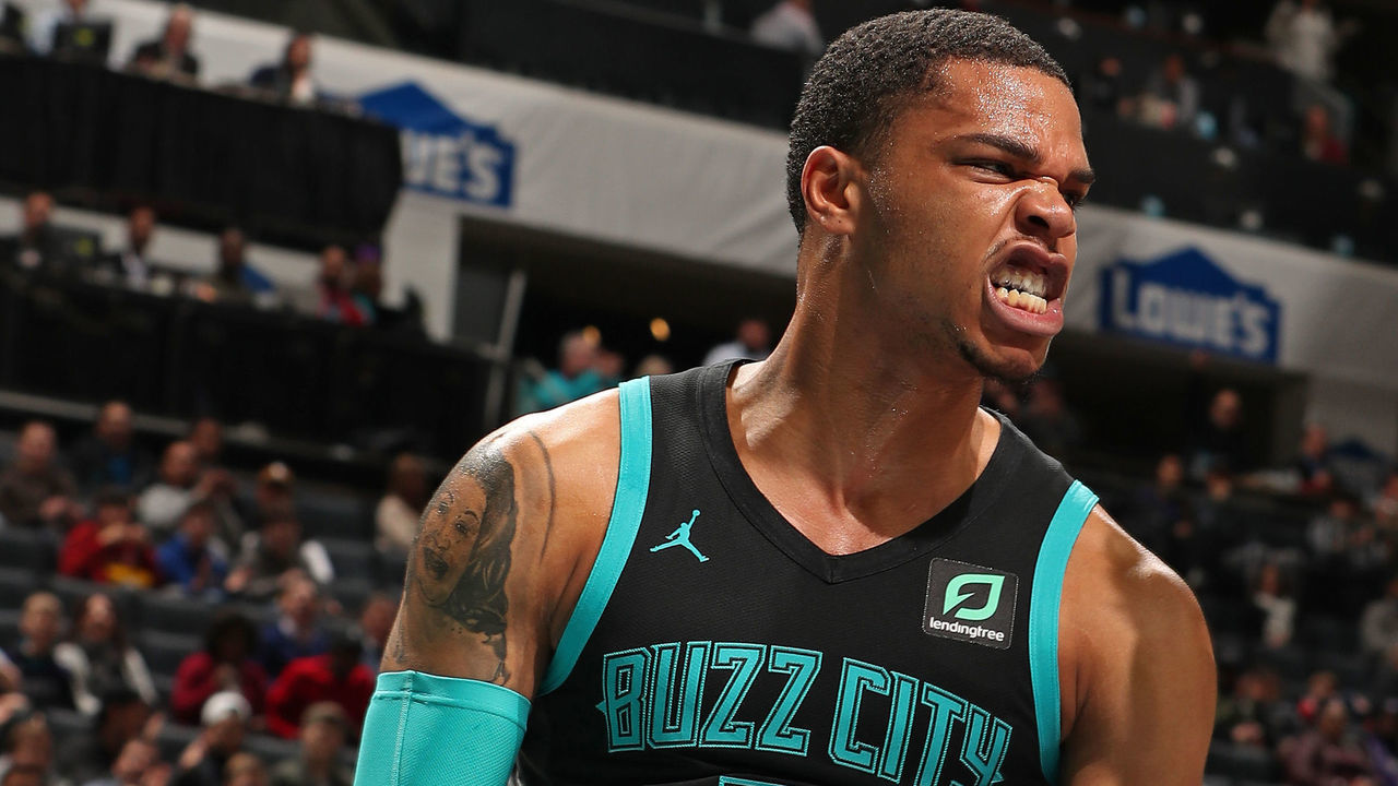 CHARLOTTE, NC - JANUARY 17: Miles Bridges #0 of the Charlotte Hornets yells and celebrates after a dunk during the game against the Sacramento Kings on January 17, 2019 at Spectrum Center in Charlotte, North Carolina. Mandatory Copyright Notice: Copyright 2019 NBAE