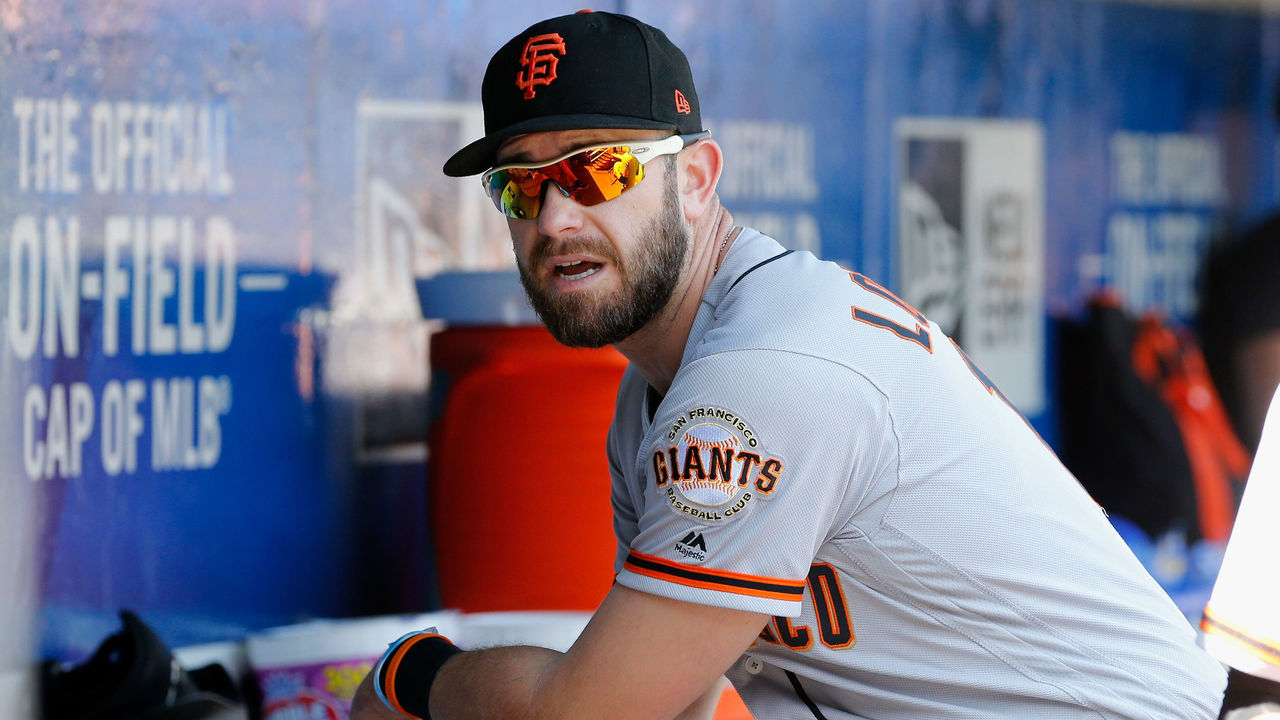 NEW YORK, NY - AUGUST 23: (NEW YORK DAILIES OUT) Evan Longoria #10 of the San Francisco Giants in action against the New York Mets at Citi Field on August 23, 2018 in the Flushing neighborhood of the Queens borough of New York City. The Giants defeated the Mets 3-1.
