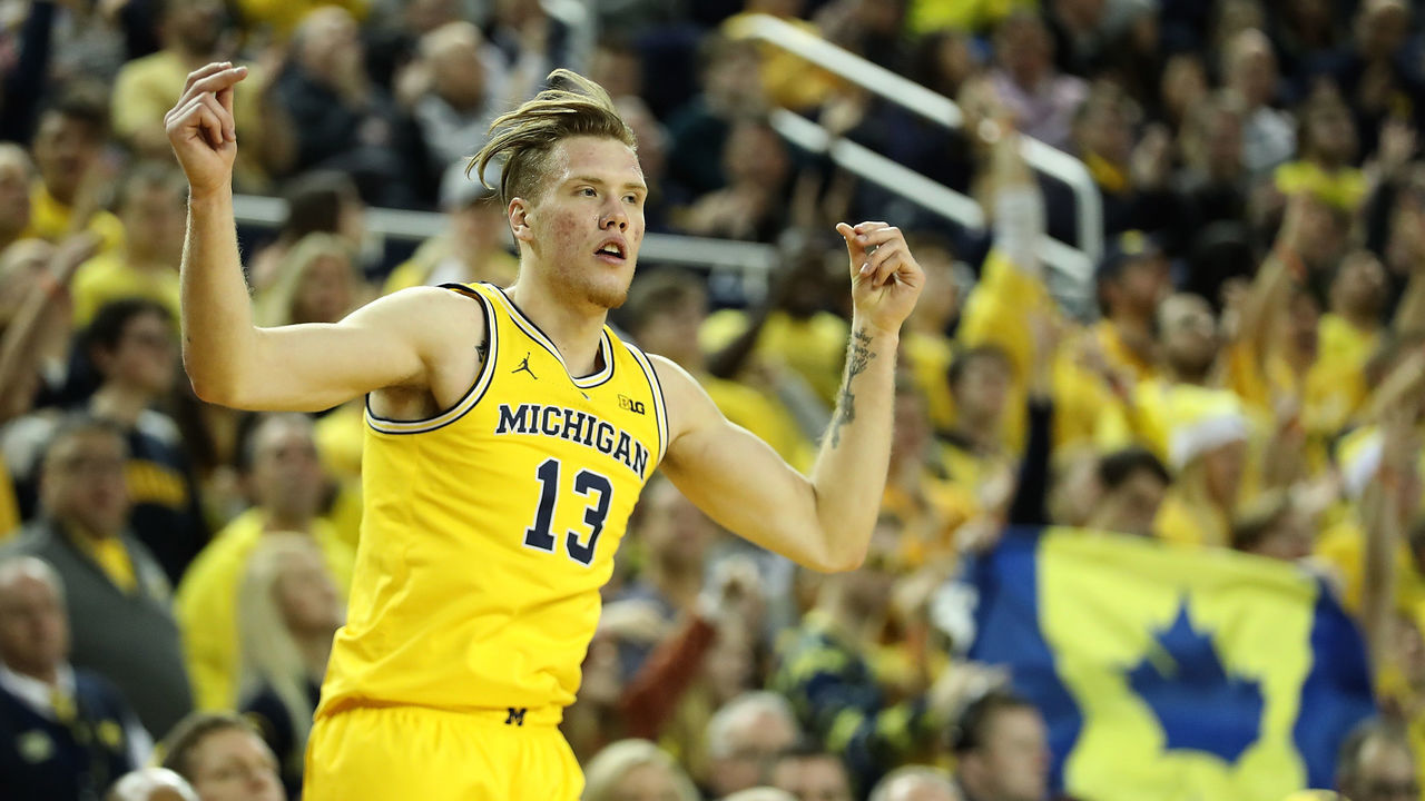 ANN ARBOR, MI - DECEMBER 22: Ignas Brazdeikis #13 of the Michigan Wolverines celebrates a three point shot during the second half of the game against the Air Force Falcons at Crisler Center on December 22, 2018 in Ann Arbor, Michigan. Michigan defeated Air Force 71-50.