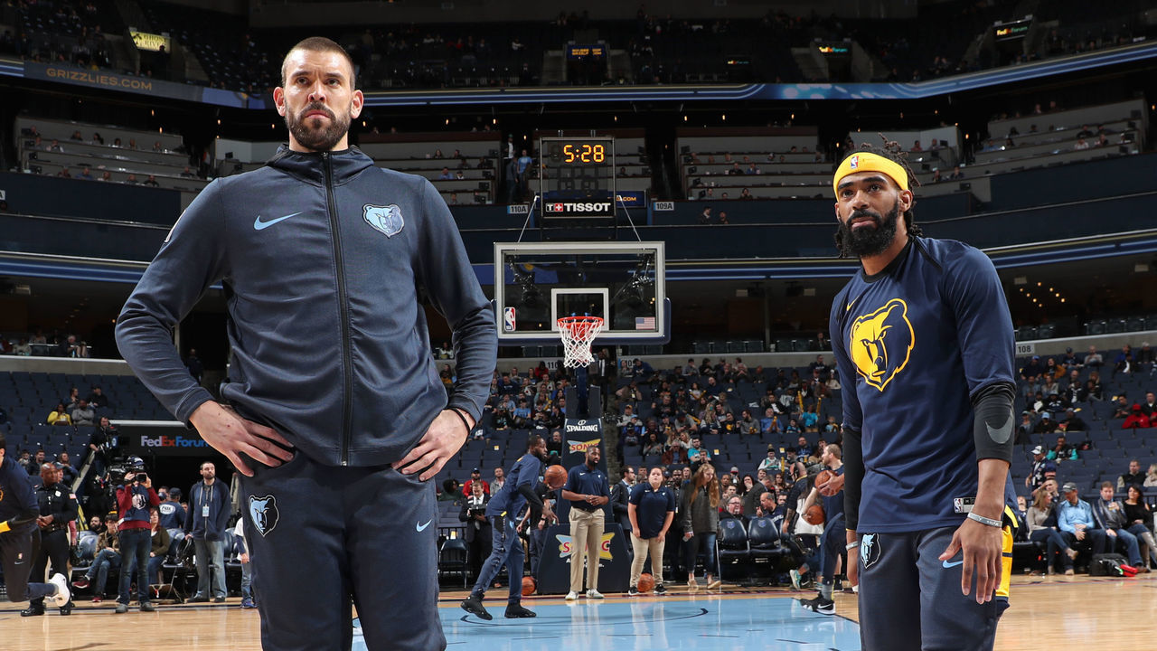MEMPHIS, TN - JANUARY 4: Marc Gasol #33 and Mike Conley #11 of the Memphis Grizzlies look on before the game against the Brooklyn Nets on January 4, 2019 at FedExForum in Memphis, Tennessee. NOTE TO USER: User expressly acknowledges and agrees that, by downloading and/or using this photograph, user is consenting to the terms and conditions of the Getty Images License Agreement. Mandatory Copyright Notice: Copyright 2019 NBAE