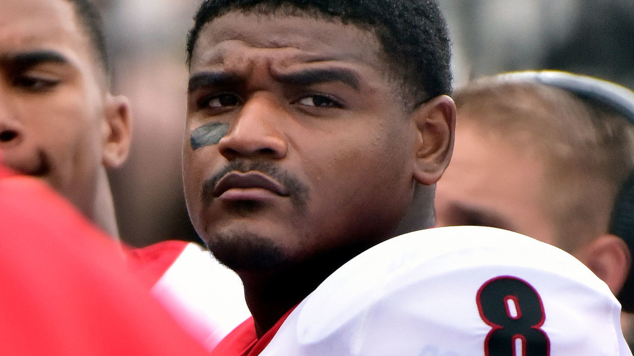 NASHVILLE, TN - OCTOBER 07: Deangelo Gibbs #8 of the Georgia Bulldogs watches from the sideline during a game against the Vanderbilt Commodores at Vanderbilt Stadium on October 7, 2017 in Nashville, Tennessee.