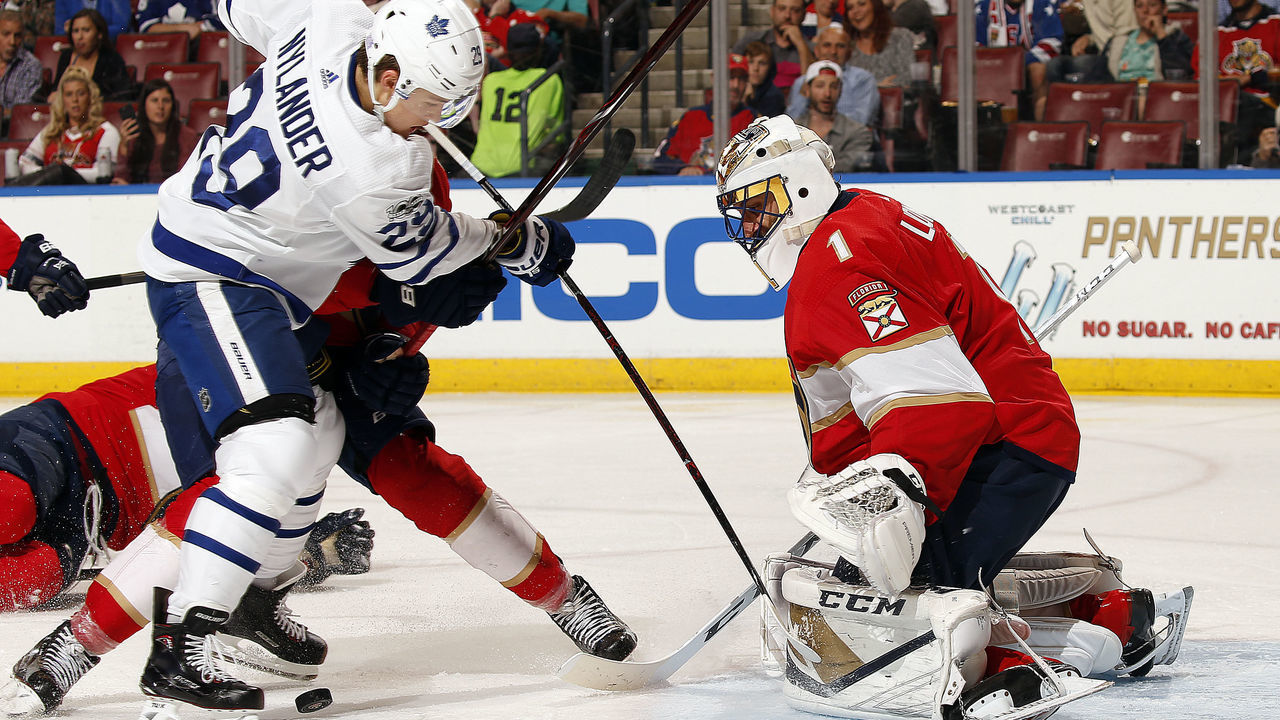 SUNRISE, FL - NOVEMBER 22: Goaltender Roberto Luongo #1 of the Florida Panthers defends the net against William Nylander #29 of the Toronto Maple Leafs at the BB&T Center on November 22, 2017 in Sunrise, Florida.