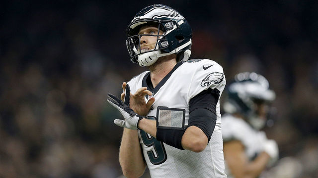 NEW ORLEANS, LOUISIANA - JANUARY 13: Nick Foles #9 of the Philadelphia Eagles celebrates his first quarter touchdown New Orleans Saints in the NFC Divisional Playoff Game at Mercedes Benz Superdome on January 13, 2019 in New Orleans, Louisiana.