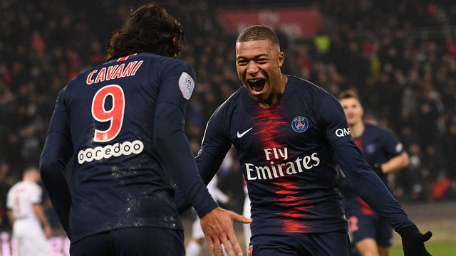 Paris Saint-Germain's French forward Kylian Mbappe celebrates after scoring a goal during the French L1 football match Paris Saint-Germain (PSG) vs Guingamp (EAG), on January 19, 2019 at the Parc des Princes stadium in Paris.