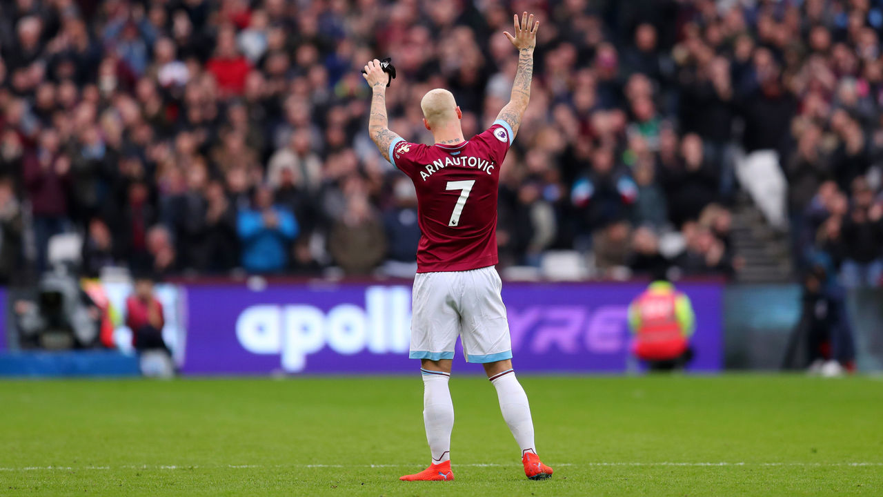 LONDON, ENGLAND - JANUARY 12: Marko Arnautovic of West Ham United acknowledges the fans as he is substituted during the Premier League match between West Ham United and Arsenal FC at London Stadium on January 12, 2019 in London, United Kingdom.