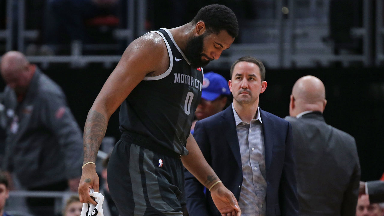 DETROIT, MI - JANUARY 18: Andre Drummond #0 of the Detroit Pistons walks off the court after getting hit in the nose during the second quarter of the game against the Miami Heat at Little Caesars Arena on January 18, 2019 in Detroit, Michigan. Detroit defeated Miami 98-93.