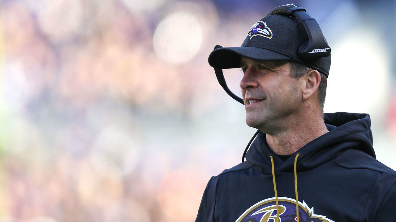 BALTIMORE, MARYLAND - JANUARY 06: Head coach John Harbaugh of the Baltimore Ravens looks on against the Los Angeles Chargers during the AFC Wild Card Playoff game at M&T Bank Stadium on January 06, 2019 in Baltimore, Maryland.