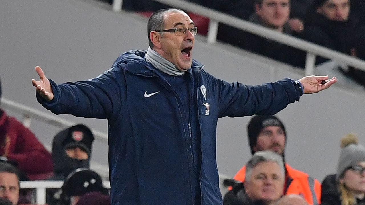 Chelsea's Italian head coach Maurizio Sarri gestures on the touchline during the English Premier League football match between Arsenal and Cheslea at the Emirates Stadium in London on January 19, 2019.