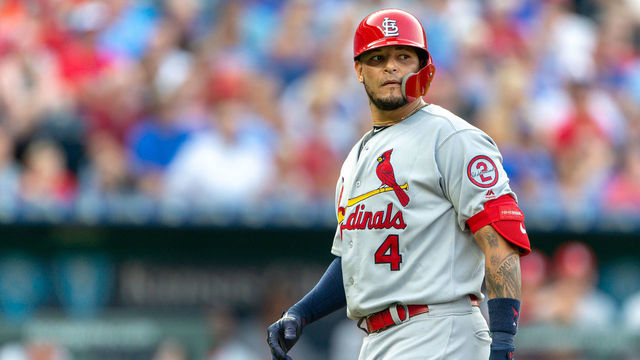KANSAS CITY, MO - AUGUST 11: St. Louis Cardinals catcher Yadier Molina (4) during the MLB interleague game against the Kansas City Royals on August 11, 2018 at Kauffman Stadium in Kansas City, Missouri.