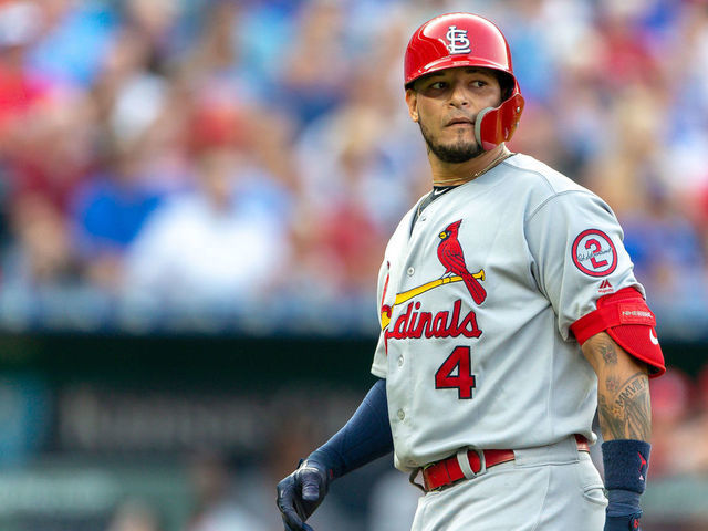 KANSAS CITY, MO - AUGUST 11: St. Louis Cardinals catcher Yadier Molina (4) during the MLB interleague game against the Kansas City Royals on August 11, 2018 at Kauffman Stadium in Kansas City, Missouri.
