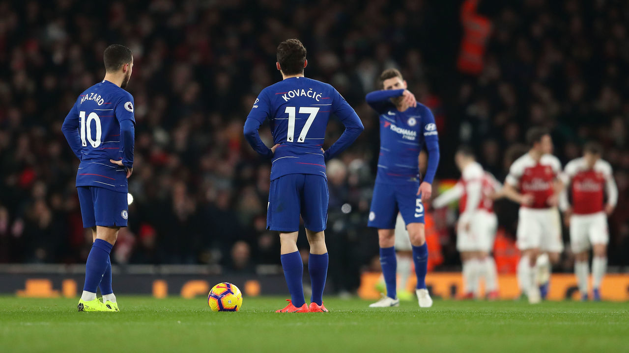 LONDON, ENGLAND - JANUARY 19: Eden Hazard and Mateo Kovacic of Chelsea dejected after Alexandre Lacazette of Arsenal scored a goal to make it 1-0 during the Premier League match between Arsenal FC and Chelsea FC at Emirates Stadium on January 19, 2019 in London, United Kingdom.