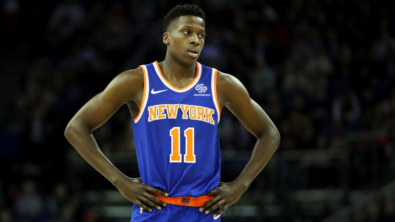 LONDON, ENGLAND - JANUARY 17: Frank Ntilikina of The New York Knicks looks on during the NBA London game 2019 between Washington Wizards and New York Knicks at The O2 Arena on January 17, 2019 in London, England.