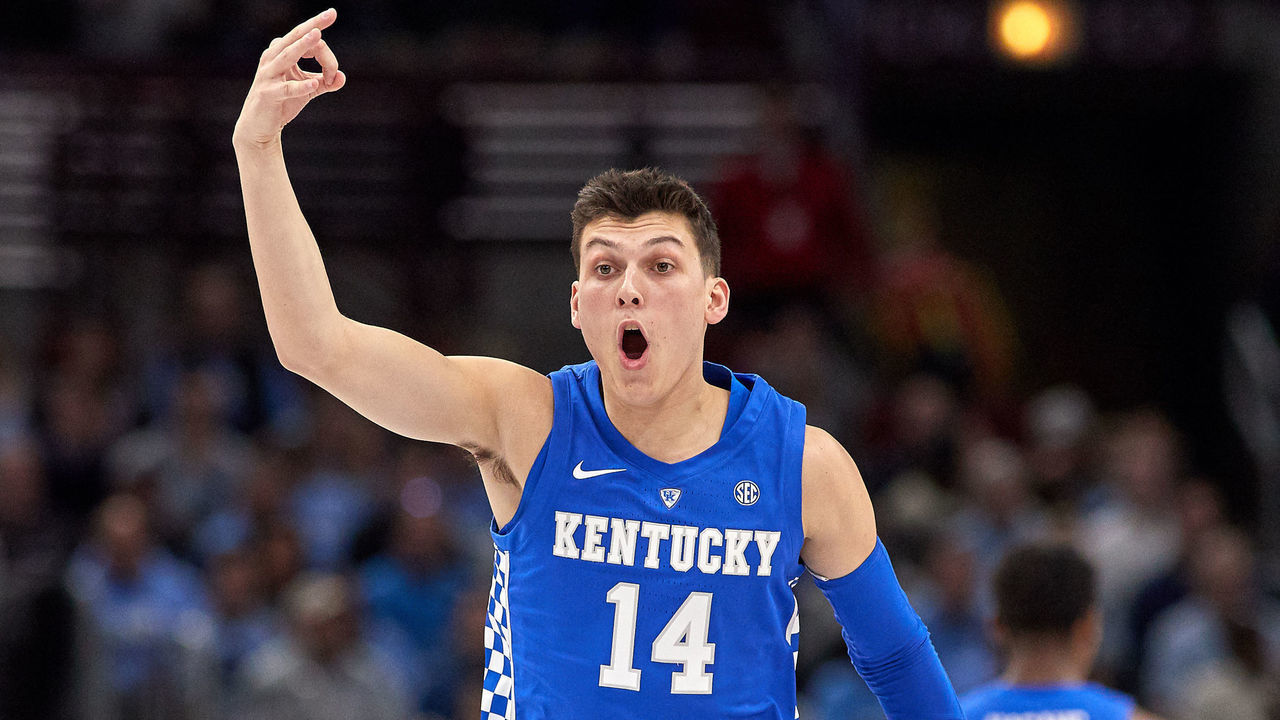 CHICAGO, IL - DECEMBER 22: Kentucky Wildcats guard Tyler Herro (14) celebrates after making a three point basket in first period action during the CBS Sports Classic game between the Kentucky Wildcats and the North Carolina Tar Heels on December 22, 2018 at the United Center, in Chicago, Illinois.