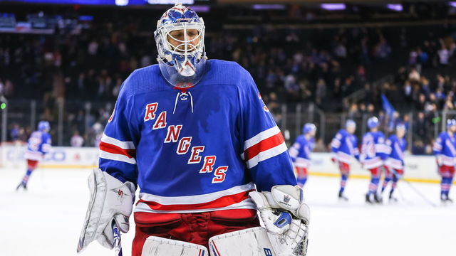 NEW YORK, NY - JANUARY 17: New York Rangers Goalie Henrik Lundqvist (30) is pictured as The New York Rangers celebrate their victory in the National Hockey League game between the Chicago Blackhawks and the New York Rangers on January 17, 2019 at Madison Square Garden in New York, NY.
