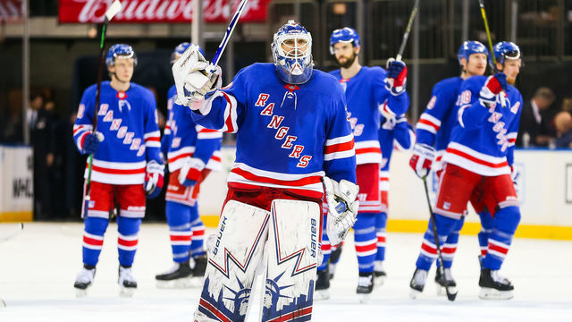 NEW YORK, NY - JANUARY 17: New York Rangers Goalie Henrik Lundqvist (30) and the rest of The New York Rangers celebrate their victory in the National Hockey League game between the Chicago Blackhawks and the New York Rangers on January 17, 2019 at Madison Square Garden in New York, NY.