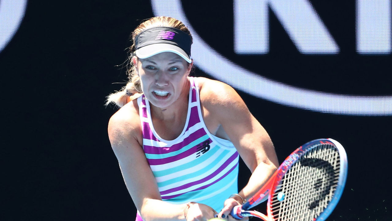 MELBOURNE, AUSTRALIA - JANUARY 20: Danielle Collins of the United States plays a forehand in her fourth round match against Angelique Kerber of Germany during day seven of the 2019 Australian Open at Melbourne Park on January 20, 2019 in Melbourne, Australia.