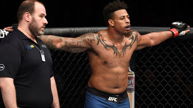 NEW YORK, NY - JANUARY 19: Greg Hardy stands in his corner after being disqualified for landing an illegal knee in his heavyweight bout against Allen Crowder during the UFC Fight Night event at the Barclays Center on January 19, 2019 in the Brooklyn borough of New York City.