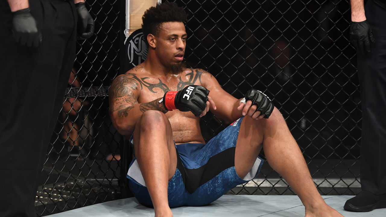 NEW YORK, NY - JANUARY 19: Greg Hardy sits in his corner after being disqualified for landing an illegal knee in his heavyweight bout against Allen Crowder during the UFC Fight Night event at the Barclays Center on January 19, 2019 in the Brooklyn borough of New York City.