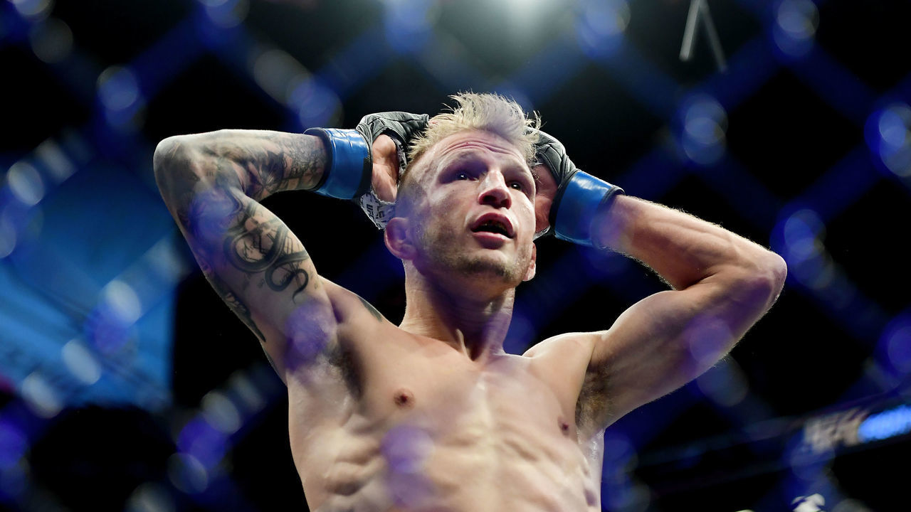 NEW YORK, NEW YORK - JANUARY 19: TJ Dillashaw reacts to the judge's decision that ended his UFC Flyweight title match against Henry Cejudo at UFC Fight Night at Barclays Center on January 19, 2019 in New York City.