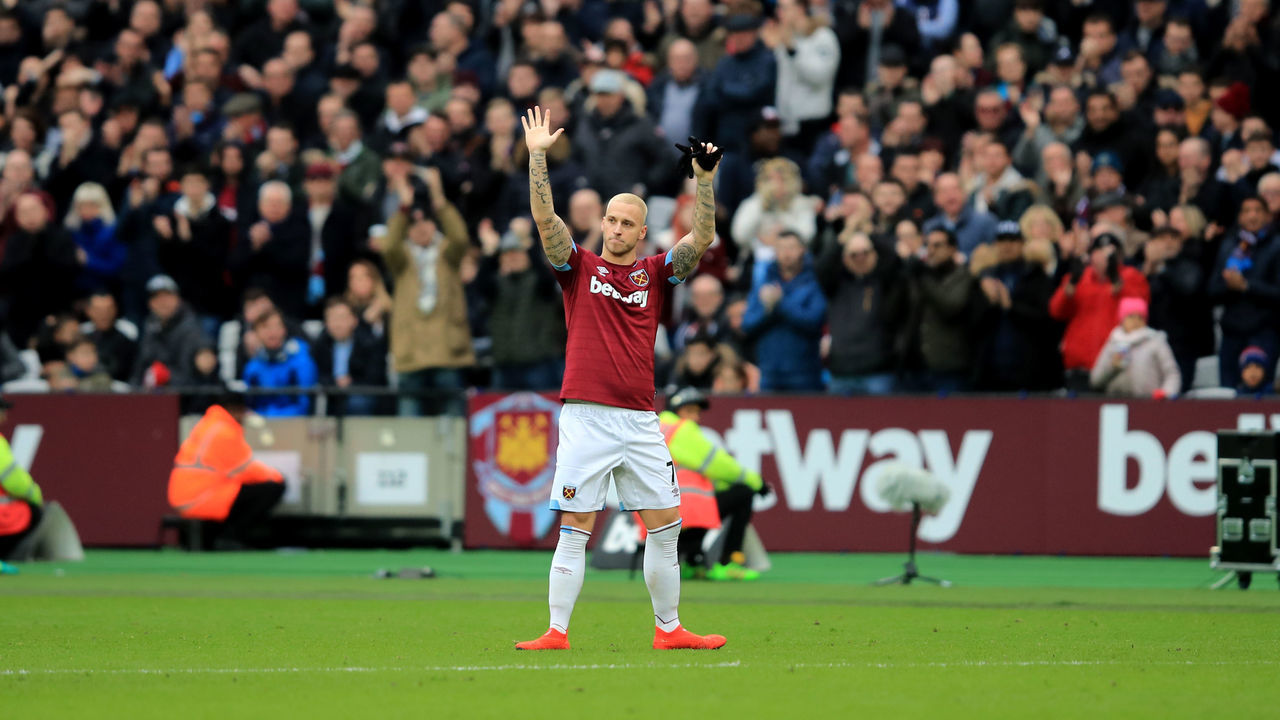 LONDON, ENGLAND - JANUARY 12: Marko Arnautovic of West Ham United waves as he leaves the pitch after being substituted during the Premier League match between West Ham United and Arsenal FC at London Stadium on January 12, 2019 in London, United Kingdom.