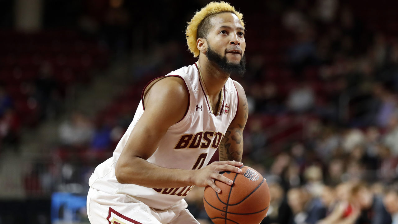 CHESTNUT HILL, MA - DECEMBER 31: Boston College guard Ky Bowman (0) eyes free throw during a game between the Boston College Eagles and the University of Hartford Hawks on December 31, 2018, at Conte Forum in Chestnut Hill, Massachusetts.