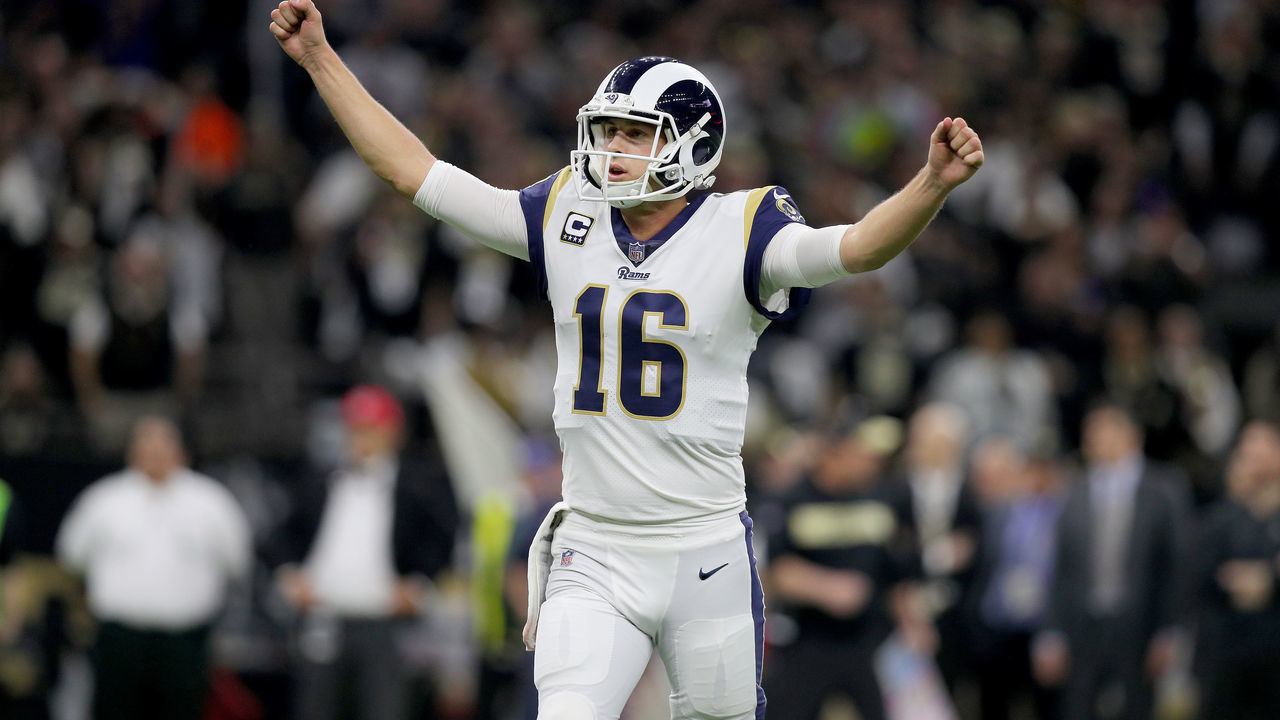 NEW ORLEANS, LOUISIANA - JANUARY 20: Jared Goff #16 of the Los Angeles Rams celebrates a pass against the New Orleans Saints during the third quarter in the NFC Championship game at the Mercedes-Benz Superdome on January 20, 2019 in New Orleans, Louisiana.