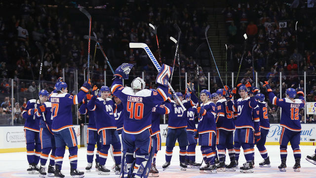 UNIONDALE, NEW YORK - JANUARY 20: Robin Lehner #40 and the New York Islanders celebrate a 3-0 shut-out against the Anaheim Ducks at NYCB Live at the Nassau Veterans Memorial Coliseum on January 20, 2019 in Uniondale, New York.