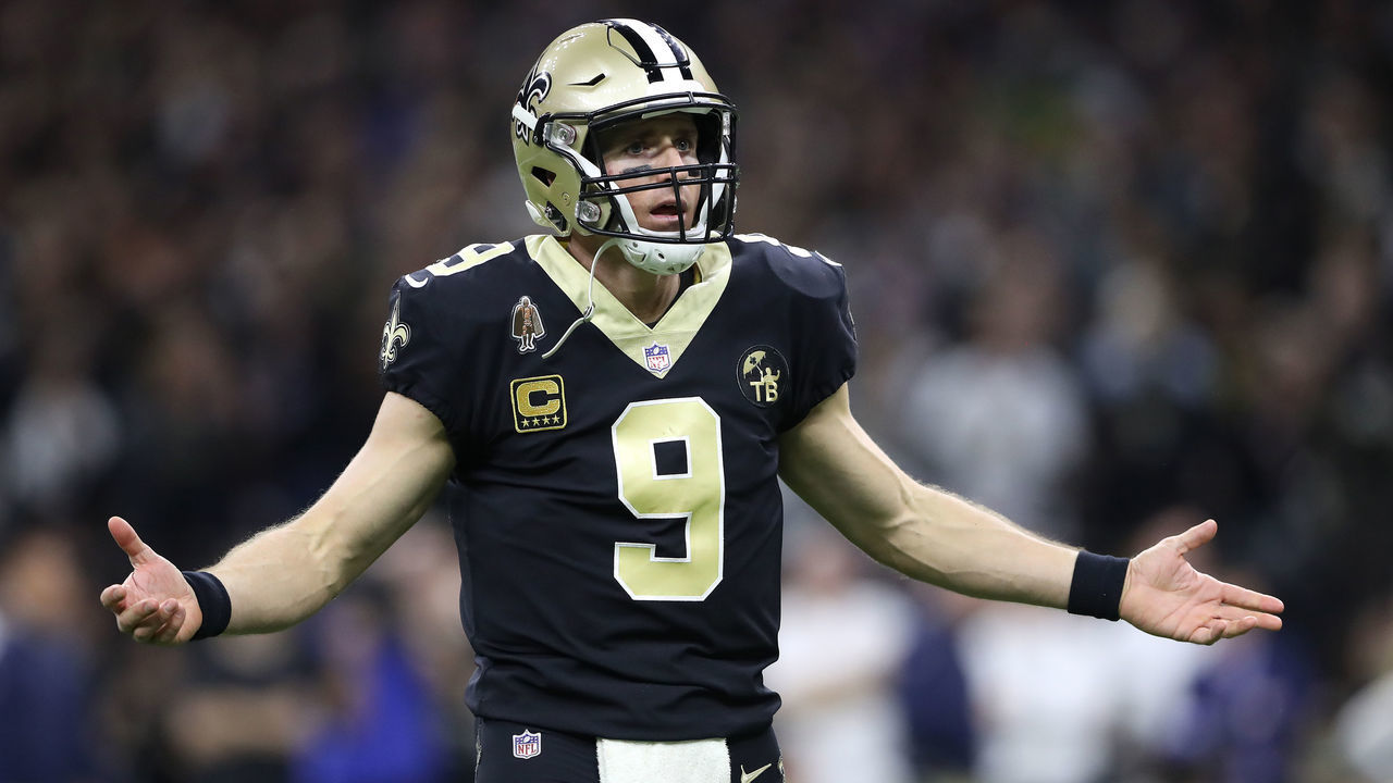 NEW ORLEANS, LOUISIANA - JANUARY 20: Drew Brees #9 of the New Orleans Saints reacts against the Los Angeles Rams during the fourth quarter in the NFC Championship game at the Mercedes-Benz Superdome on January 20, 2019 in New Orleans, Louisiana.