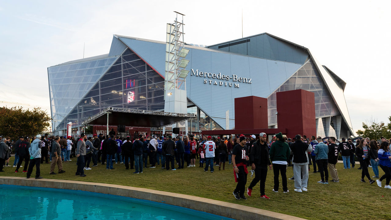 ATLANTA, GA - OCTOBER 22: General view of the exterior of Mercedes-Benz Stadium from an elevated position before an NFL regular season game against the New York Giants and the Atlanta Falcons at Mercedes-Benz Stadium on October 22, 2018, in Atlanta, GA.