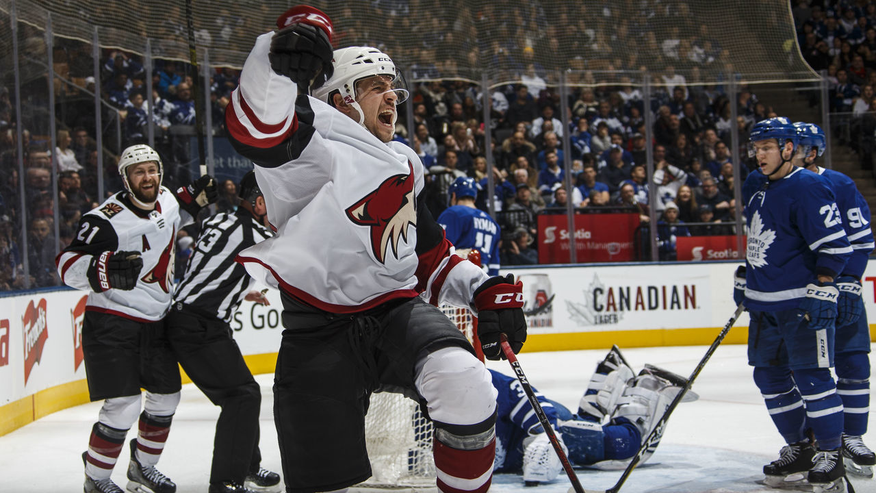 TORONTO, ON - JANUARY 20: Vinnie Hinostroza #13 of the Arizona Coyotes celebrates his goal against the Toronto Maple Leafs during the third period at the Scotiabank Arena on January 20, 2019 in Toronto, Ontario, Canada.