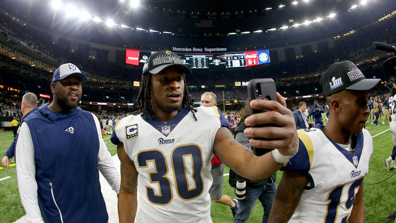 NEW ORLEANS, LOUISIANA - JANUARY 20: Todd Gurley #30 of the Los Angeles Rams celebrates after defeating the New Orleans Saints in the NFC Championship game at the Mercedes-Benz Superdome on January 20, 2019 in New Orleans, Louisiana. The Los Angeles Rams defeated the New Orleans Saints with a score of 26 to 23.