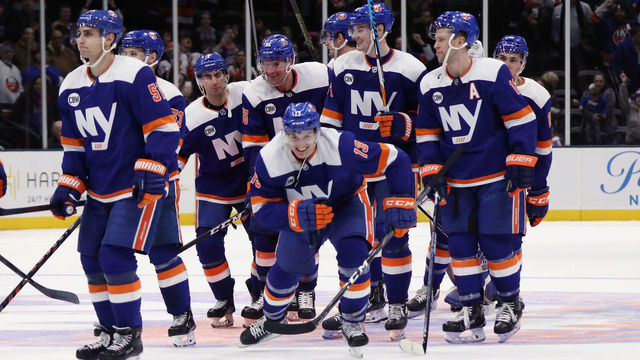 UNIONDALE, NEW YORK - JANUARY 20: The New York Islanders celebrate a 3-0 shut-out against the Anaheim Ducks at NYCB Live at the Nassau Veterans Memorial Coliseum on January 20, 2019 in Uniondale, New York.