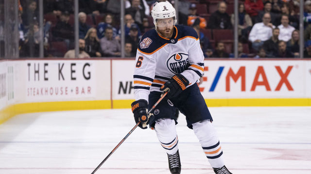 VANCOUVER, BC - JANUARY 16: Adam Larsson #6 of the Edmonton Oilers skates with the puck against the Vancouver Canucks in NHL action on January, 16, 2019 at Rogers Arena in Vancouver, British Columbia, Canada.