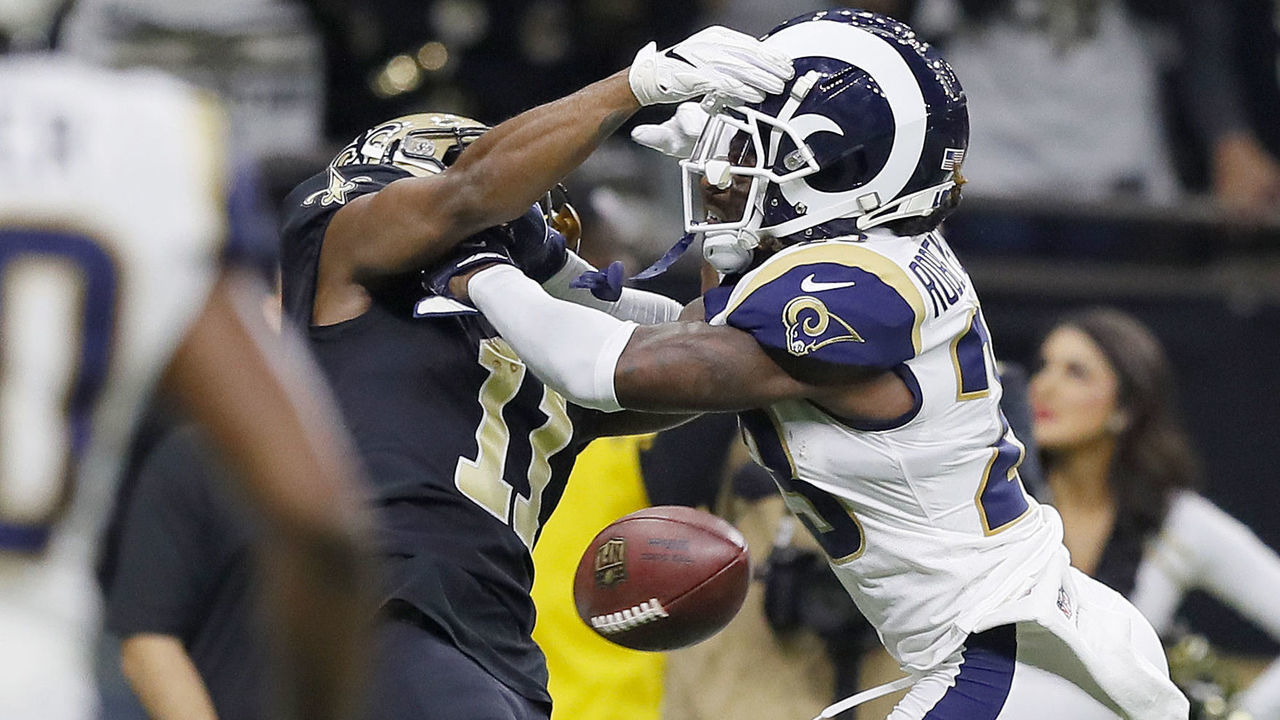 NEW ORLEANS, LOUISIANA - JANUARY 20: Tommylee Lewis #11 of the New Orleans Saints drops a pass broken up by Nickell Robey-Coleman #23 of the Los Angeles Rams during the fourth quarter in the NFC Championship game at the Mercedes-Benz Superdome on January 20, 2019 in New Orleans, Louisiana.