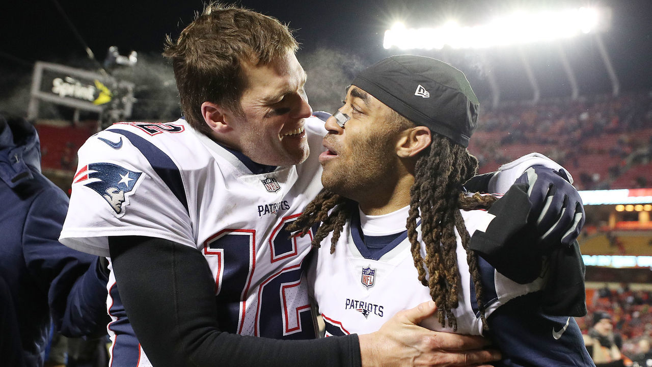 KANSAS CITY, MISSOURI - JANUARY 20: Tom Brady #12 of the New England Patriots celebrates with Stephon Gilmore #24 after defeating the Kansas City Chiefs in overtime during the AFC Championship Game at Arrowhead Stadium on January 20, 2019 in Kansas City, Missouri. The Patriots defeated the Chiefs 37-31.