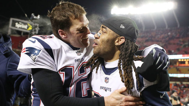 KANSAS CITY, MISSOURI - JANUARY 20: Tom Brady #12 of the New England Patriots celebrates with Stephon Gilmore #24 after defeating the Kansas City Chiefs in overtime during the AFC Championship Game at Arrowhead Stadium on January 20, 2019 in Kansas City, Missouri. The Patriots defeated the Chiefs 37-31.