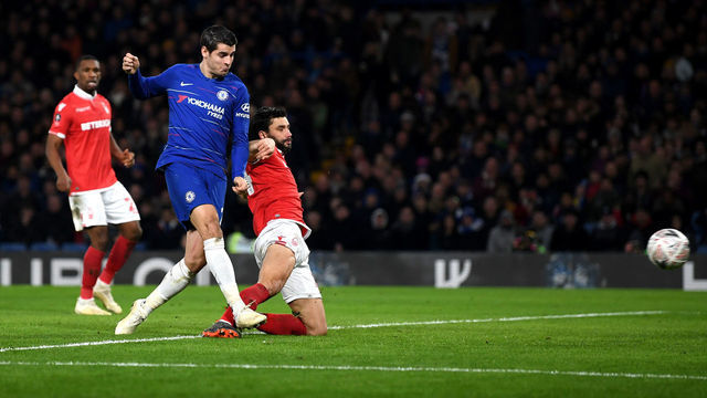 LONDON, ENGLAND - JANUARY 05: Alvaro Morata of Chelsea scores his team's first goal during the FA Cup Third Round match between Chelsea and Nottingham Forest at Stamford Bridge on January 5, 2019 in London, United Kingdom.