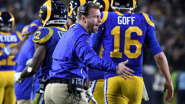 LOS ANGELES, CA - JANUARY 12: Head coach Sean McVay of the Los Angeles Rams reacts after a touchdown against the Dallas Cowboys in the second half of a NFL playoff football game at the Los Angeles Memorial Coliseum on Saturday, January 12, 2018 in Los Angeles, California. Los Angeles Rams won 30-22.
