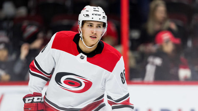 OTTAWA, ON - JANUARY 06: Carolina Hurricanes Right Wing Teuvo Teravainen (86) during warm-up before National Hockey League action between the Carolina Hurricanes and Ottawa Senators on January 6, 2019, at Canadian Tire Centre in Ottawa, ON, Canada.