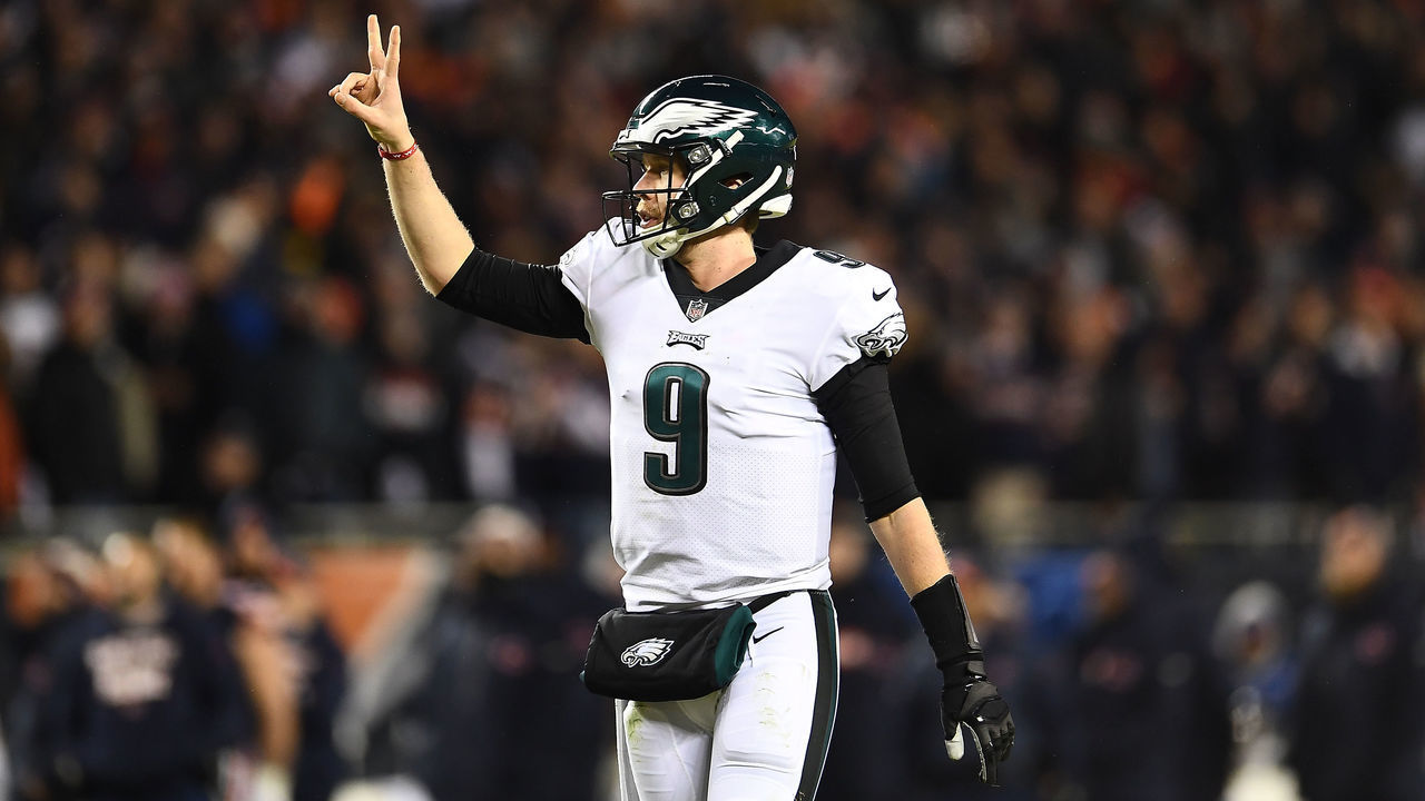 CHICAGO, ILLINOIS - JANUARY 06: Nick Foles #9 of the Philadelphia Eagles calls for a two point conversion attempt during the NFC Wild Card Playoff game against the Chicago Bears at Soldier Field on January 06, 2019 in Chicago, Illinois. The Eagles defeated the Bears 16-15.